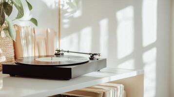 A record player on a shelf in a room with sunlight photo