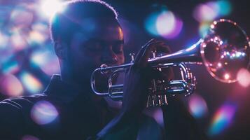 A man is playing a trumpet in front of a bright light photo