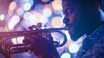 A man playing the trumpet in front of a bokeh background photo