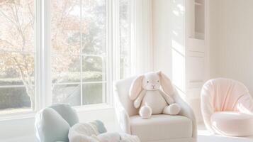Pastel themed children's playroom with plush bunny photo