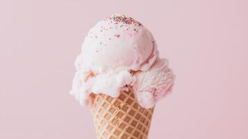 An ice cream cone with pink and white frosting photo