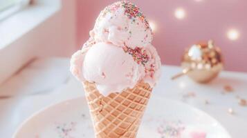 An ice cream cone with pink and white sprinkles photo