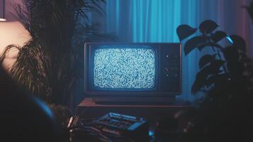 An old television is sitting in front of a plant photo