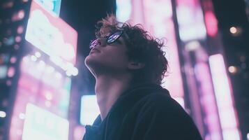 A man in sunglasses looking up at the lights of a city photo