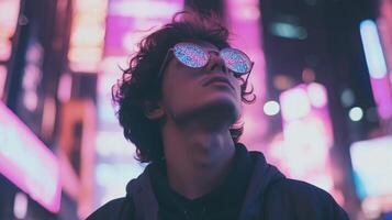 A man wearing sunglasses in front of neon lights photo