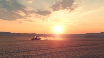 A tractor is working in a field at sunset photo