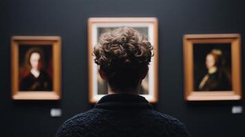 A man looking at paintings in an art gallery photo