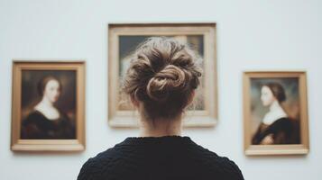 A woman looking at paintings in an art gallery. photo