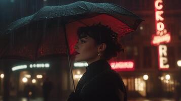 a rainy scene, neon Edwardian noire photo