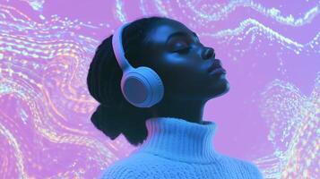 A woman wearing headphones in front of a colorful background photo
