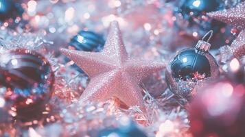 A star ornament is surrounded by many shiny ornaments photo