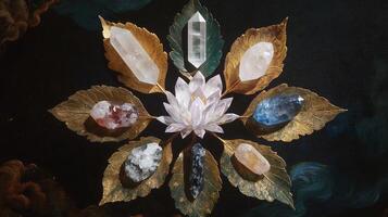 A flower with crystals arranged around it photo