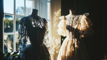 Two dresses are on display in front of a window photo