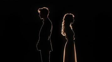 The silhouette of two people standing in the dark photo