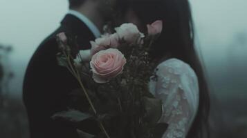 A man and woman are standing in front of each other with flowers photo
