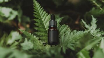 A bottle of cbd oil is surrounded by ferns photo