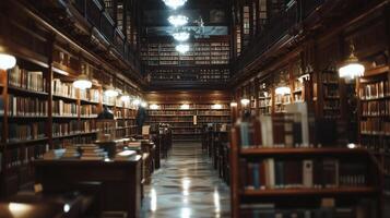 A long, dark, library with many books on shelves photo