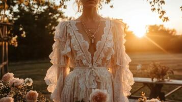 A woman in a wedding dress stands in the sun photo