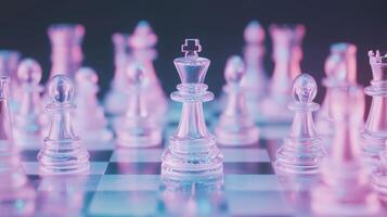 Chess pieces in dynamic neon light, futuristic strategy photo