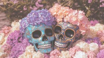 Colorful sugar skulls with vibrant flowers in a decorative style photo