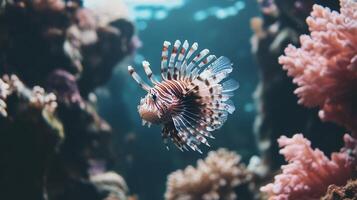 A lionfish swimming in the ocean with coral. photo
