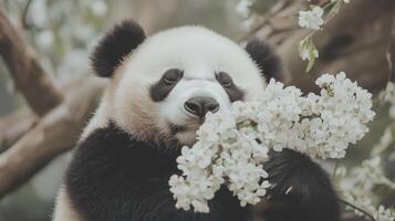 A panda bear is eating some flowers photo