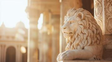 A lion statue is sitting on a pillar photo