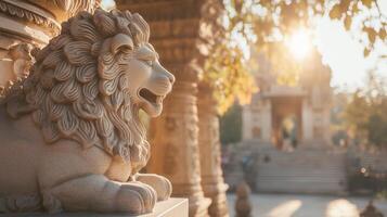 A stone lion statue in front of a building photo