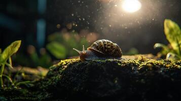 A snail is walking on a moss covered rock photo