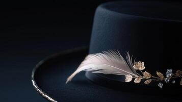 A black hat with a feather and gold trim photo
