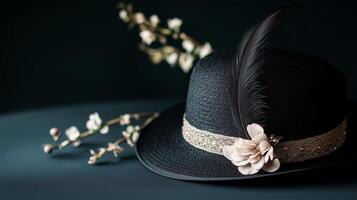 A black hat with a feather and flower photo