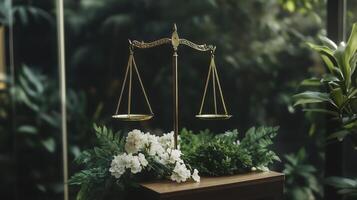 Antique brass balance scale on wooden table photo