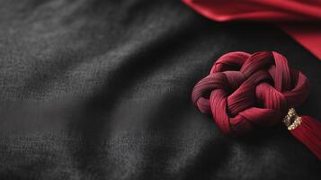 A red and black silk scarf with a knot on it photo