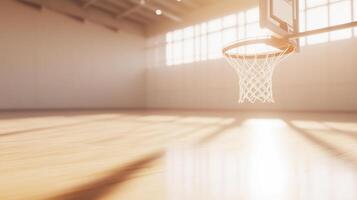 Basketball hoop in an empty gym with sunlight photo