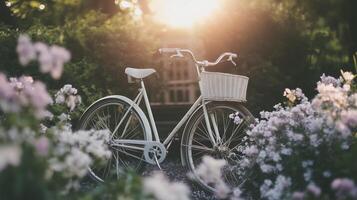 A bicycle is parked in a garden with flowers photo