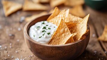 Tortilla chips with sour cream dip photo