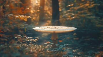 A mushroom sits on top of a table in the woods photo
