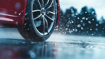 A red car is driving on the road in the rain photo