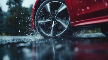 A car is driving on a wet road with water splashing off the tires photo