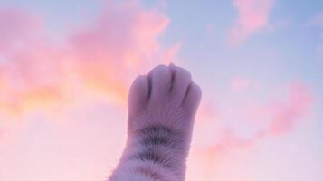 Close Up of Cat Paw Against Colorful Sunset Sky photo