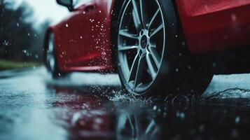 A red car is driving on a wet road photo