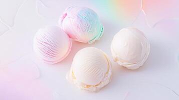 Three ice cream balls on a white surface photo