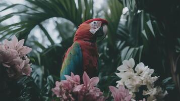 A red parrot sitting on top of some flowers photo