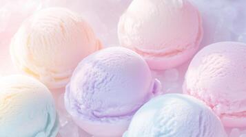 A group of colorful ice cream scoops on a white surface photo