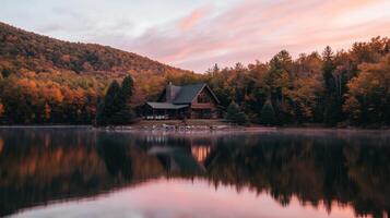 A cabin sits on the shore of a lake in the fall. photo
