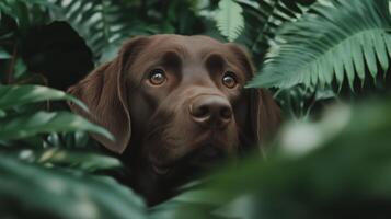 A brown dog is looking through the leaves of the jungle photo