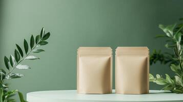 Two empty brown paper bags on a table with green plants photo