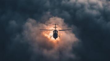 Military helicopter flying through fiery explosion photo