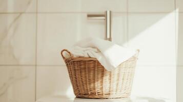 A basket with a towel sitting on top of a toilet photo
