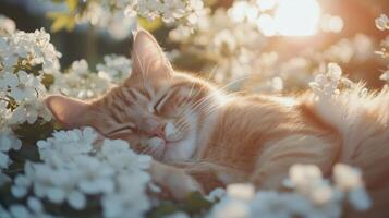 A cat sleeping in the flowers photo